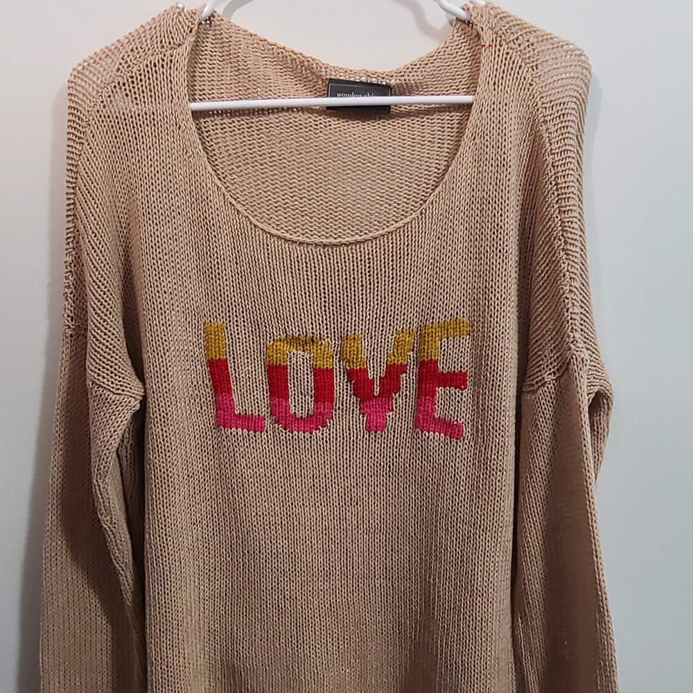 Wooden Ships Tan Sweater with Colorful Love Graphic Open Knit